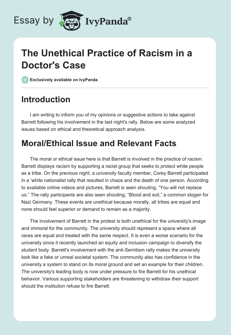 The Unethical Practice of Racism in a Doctor's Case. Page 1