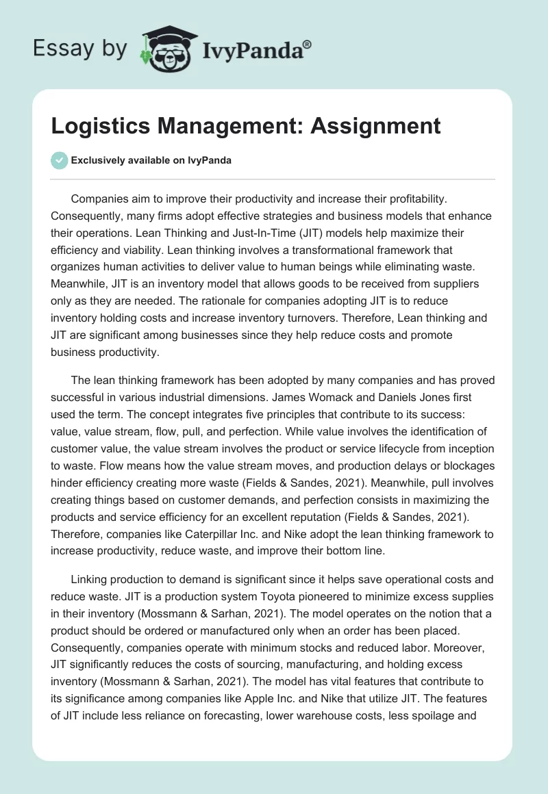 Logistics Management: Assignment. Page 1