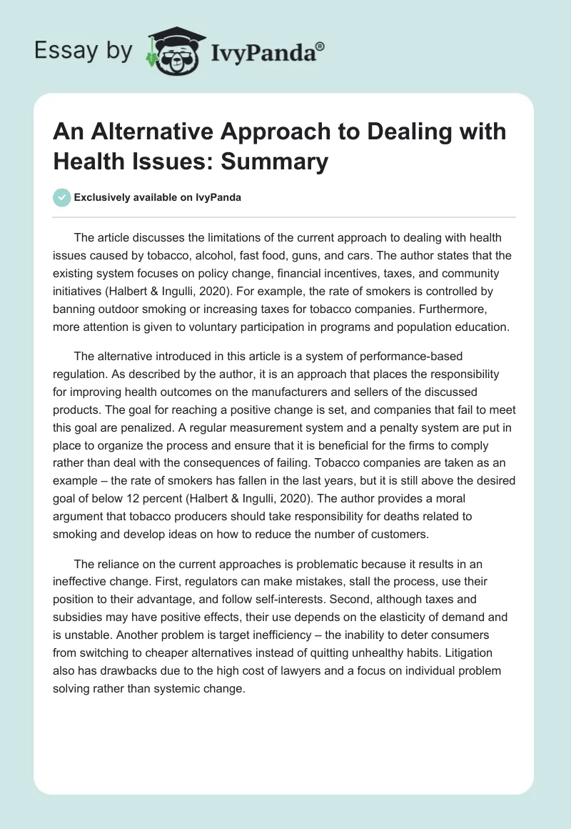 An Alternative Approach to Dealing with Health Issues: Summary. Page 1