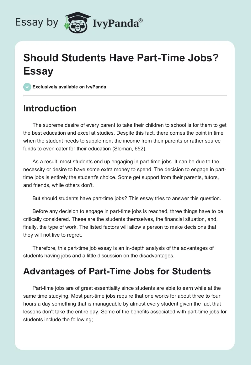 Should Students Have Part-Time Jobs? Essay. Page 1