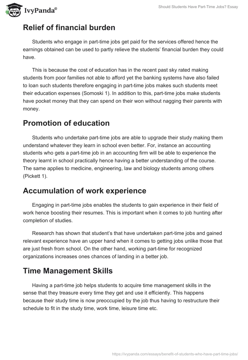 should high school students have part time jobs essay
