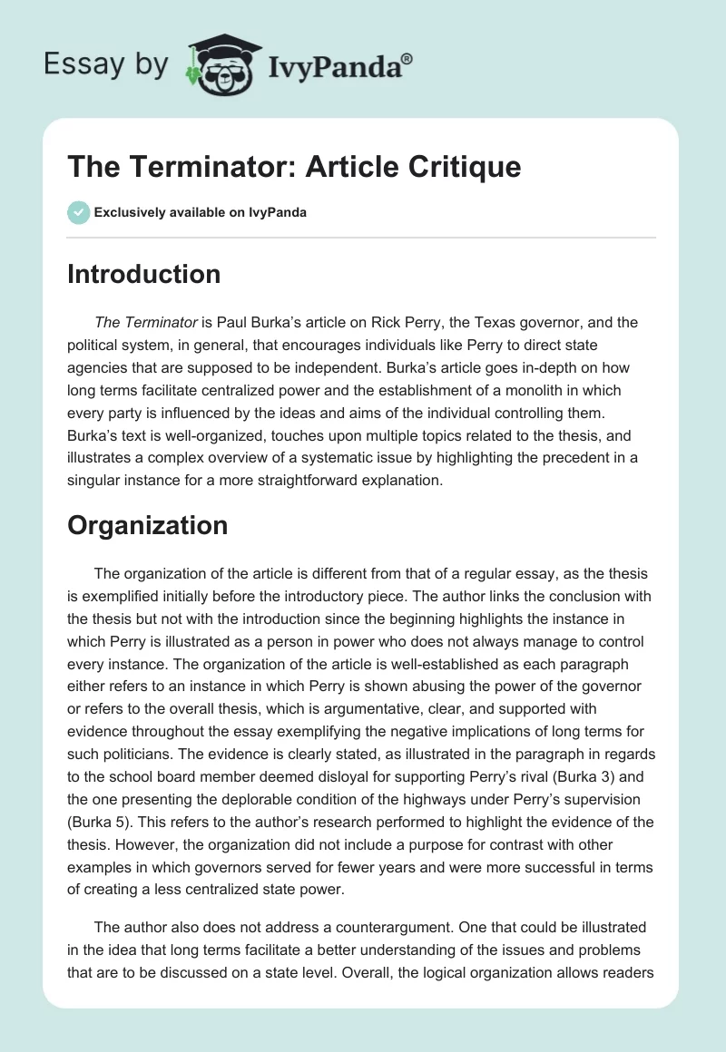 The Terminator: Article Critique. Page 1