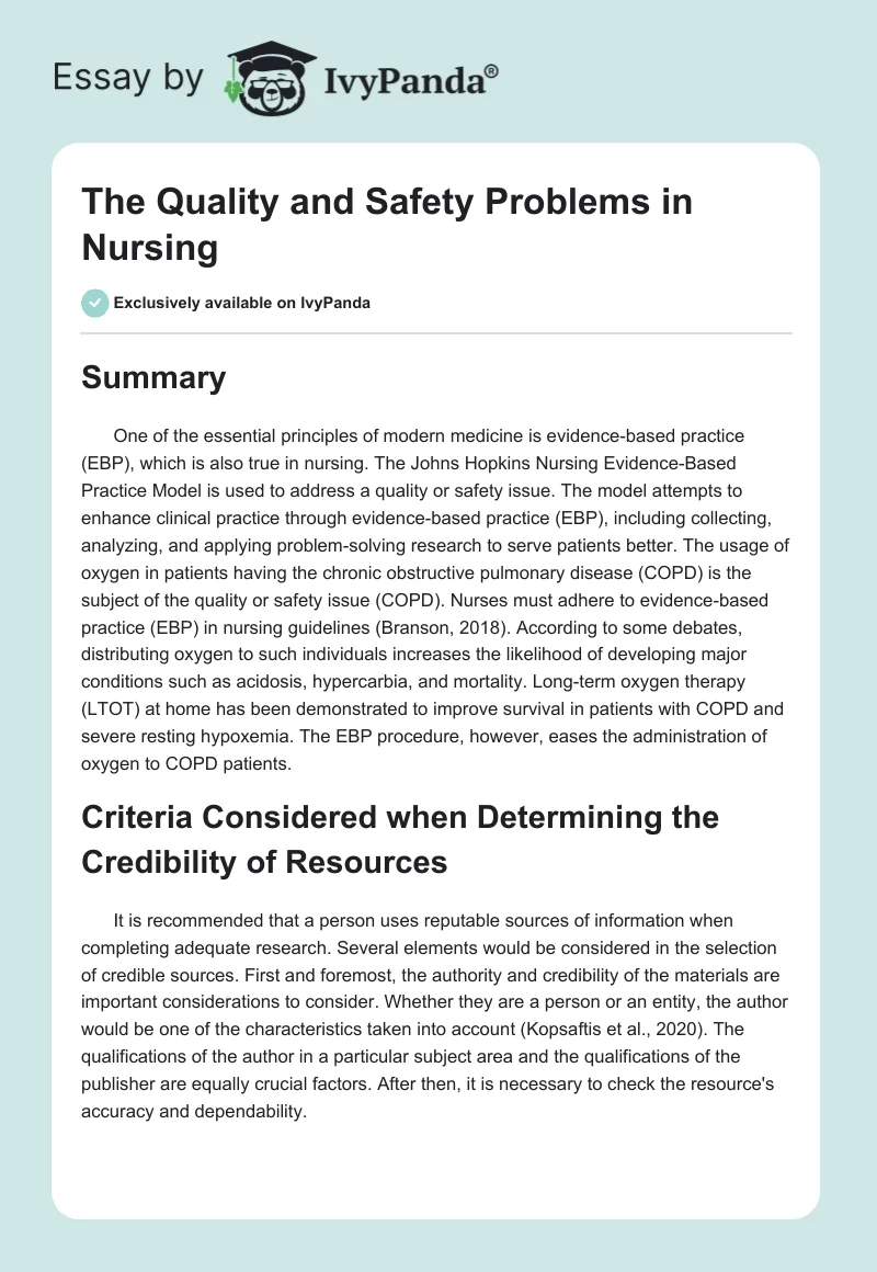 The Quality and Safety Problems in Nursing. Page 1
