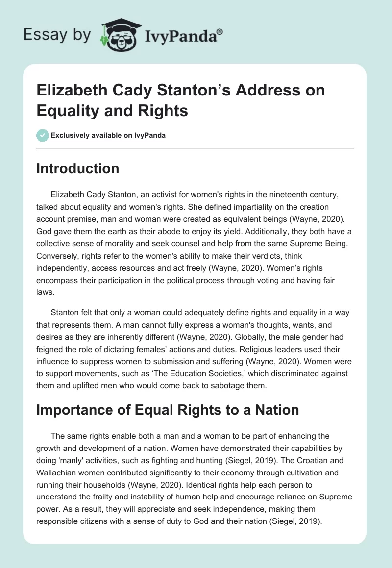 Elizabeth Cady Stanton’s Address on Equality and Rights. Page 1