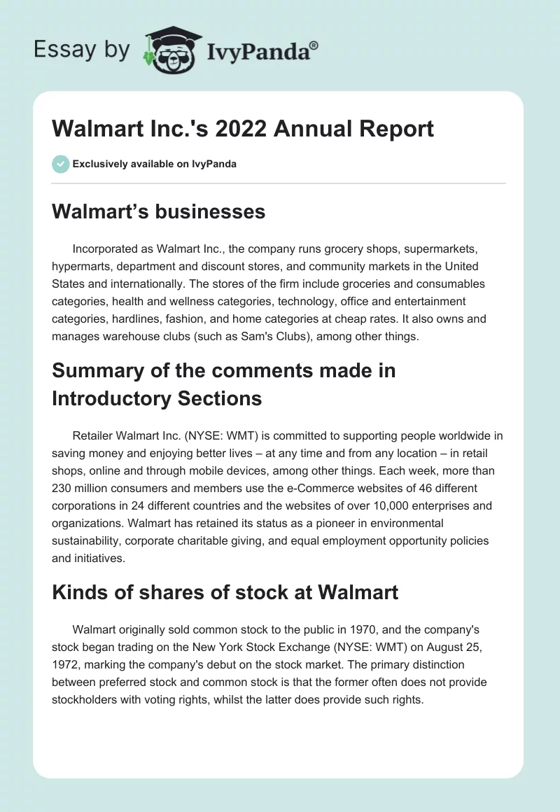 Walmart Inc.'s 2022 Annual Report 1681 Words Report Example