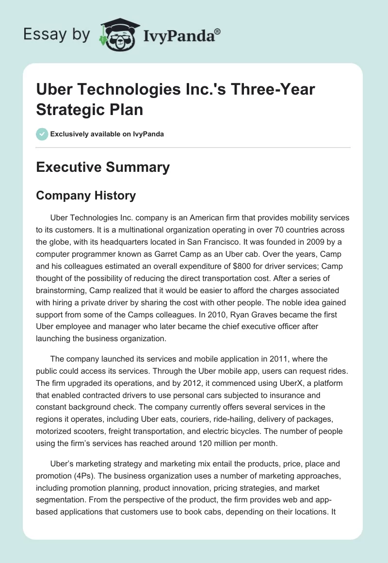 Uber Technologies Inc.'s Three-Year Strategic Plan. Page 1