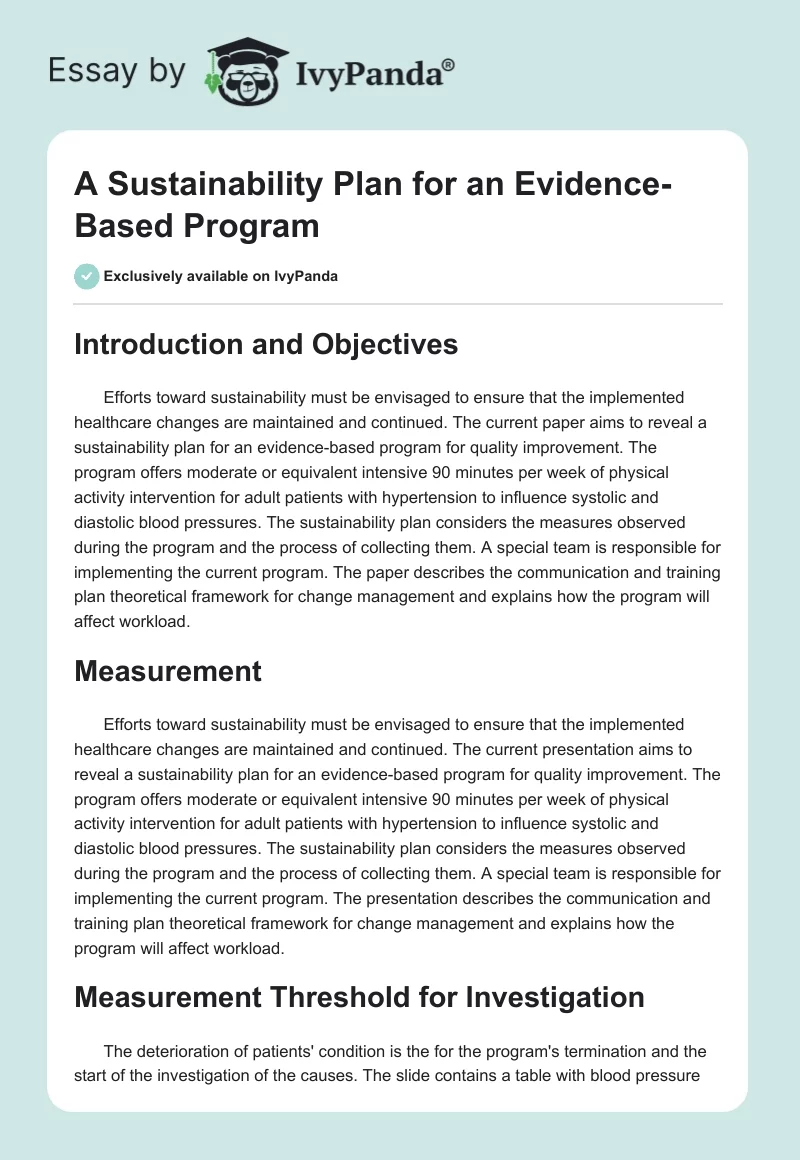 A Sustainability Plan for an Evidence-Based Program. Page 1