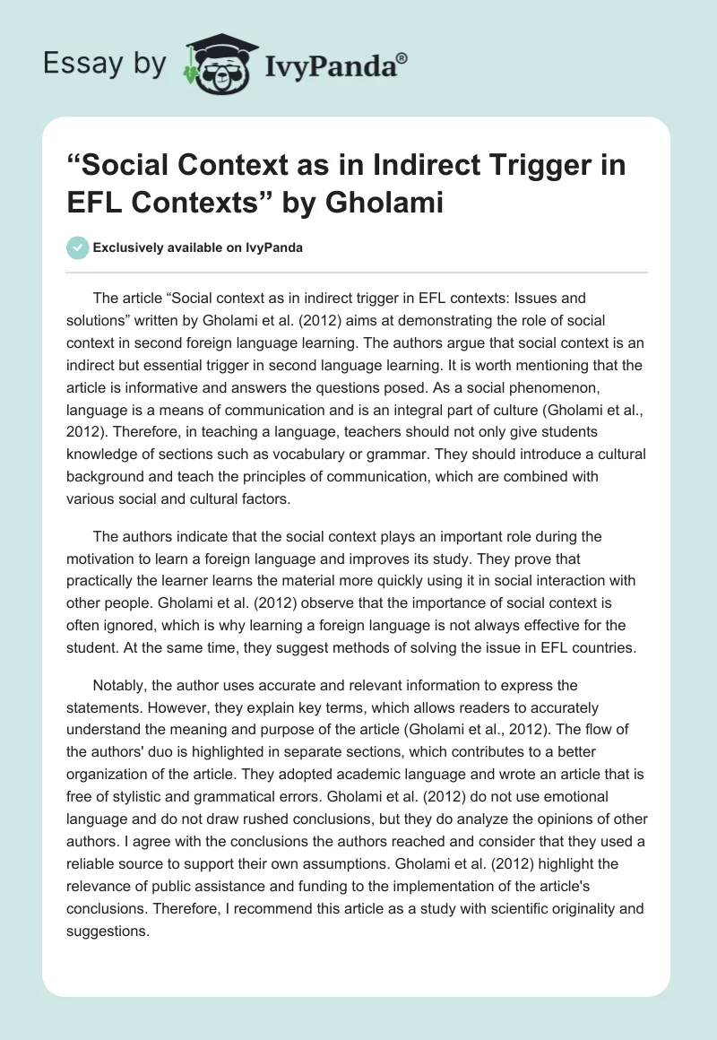 “Social Context as in Indirect Trigger in EFL Contexts” by Gholami. Page 1