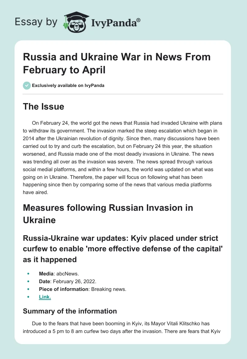 Russia and Ukraine War in News From February to April. Page 1