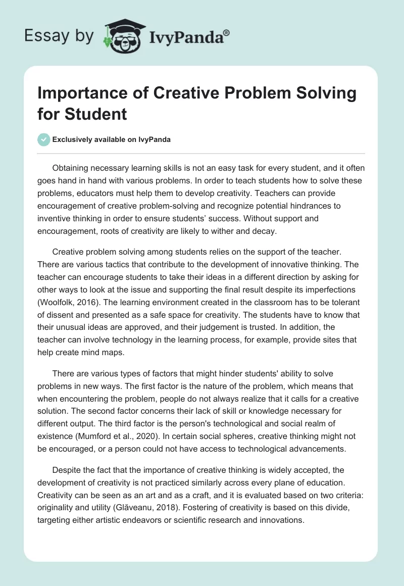 Importance of Creative Problem Solving for Student. Page 1