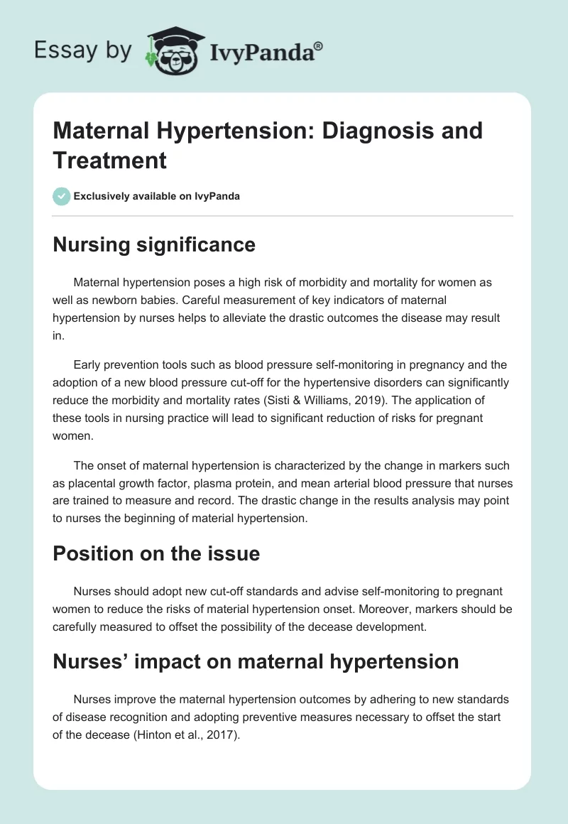 Maternal Hypertension: Diagnosis and Treatment. Page 1