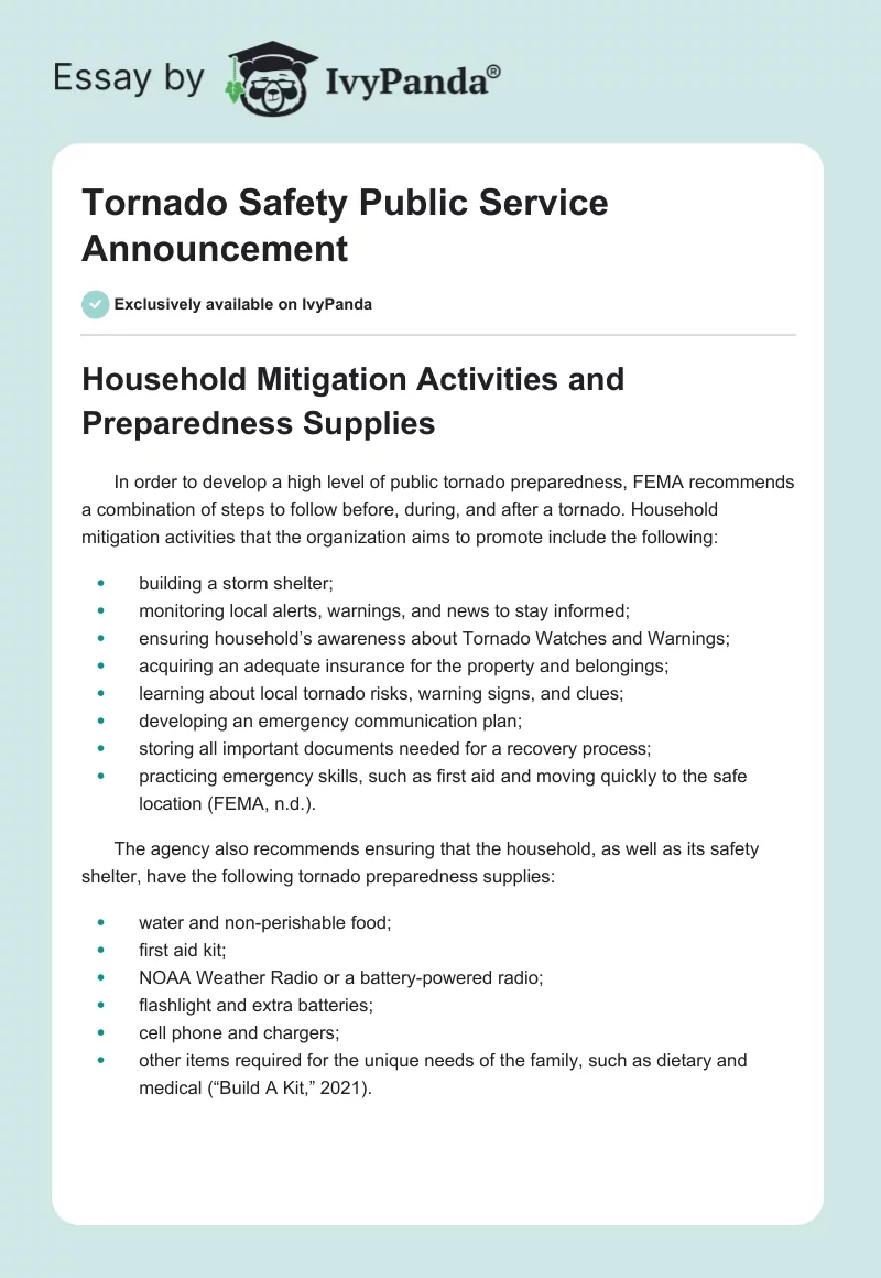 Tornado Safety Public Service Announcement. Page 1