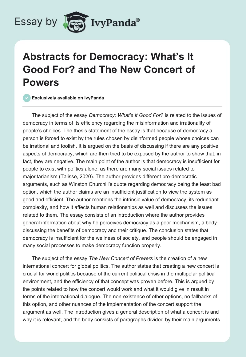 Abstracts for "Democracy: What’s It Good For?" and "The New Concert of Powers". Page 1