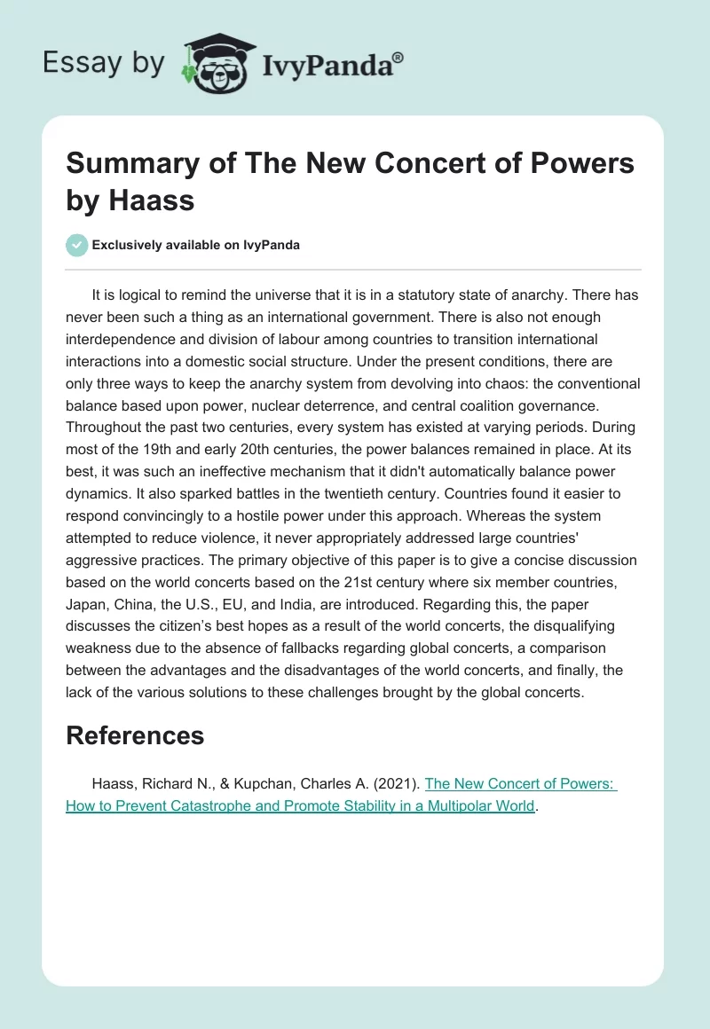 Summary of "The New Concert of Powers" by Haass. Page 1