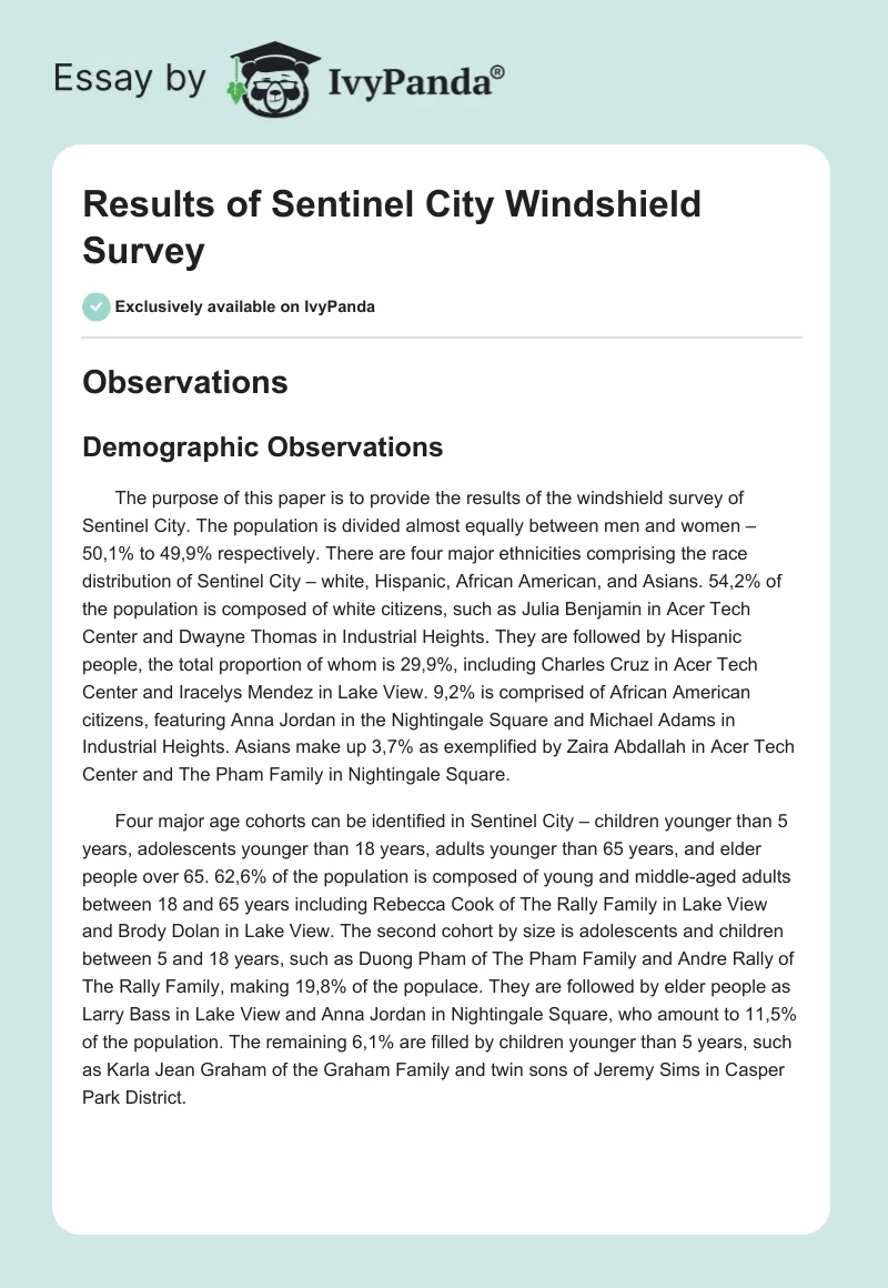 Results of Sentinel City Windshield Survey. Page 1