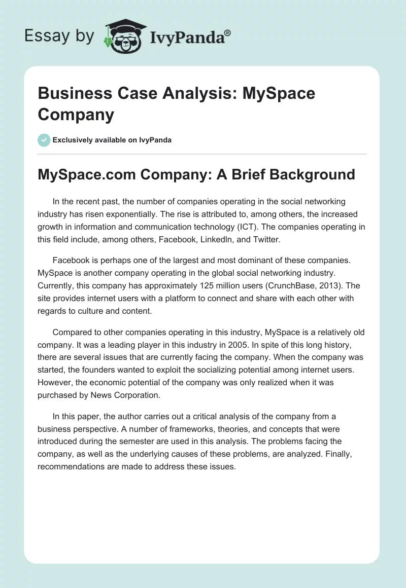Business Case Analysis: MySpace Company. Page 1