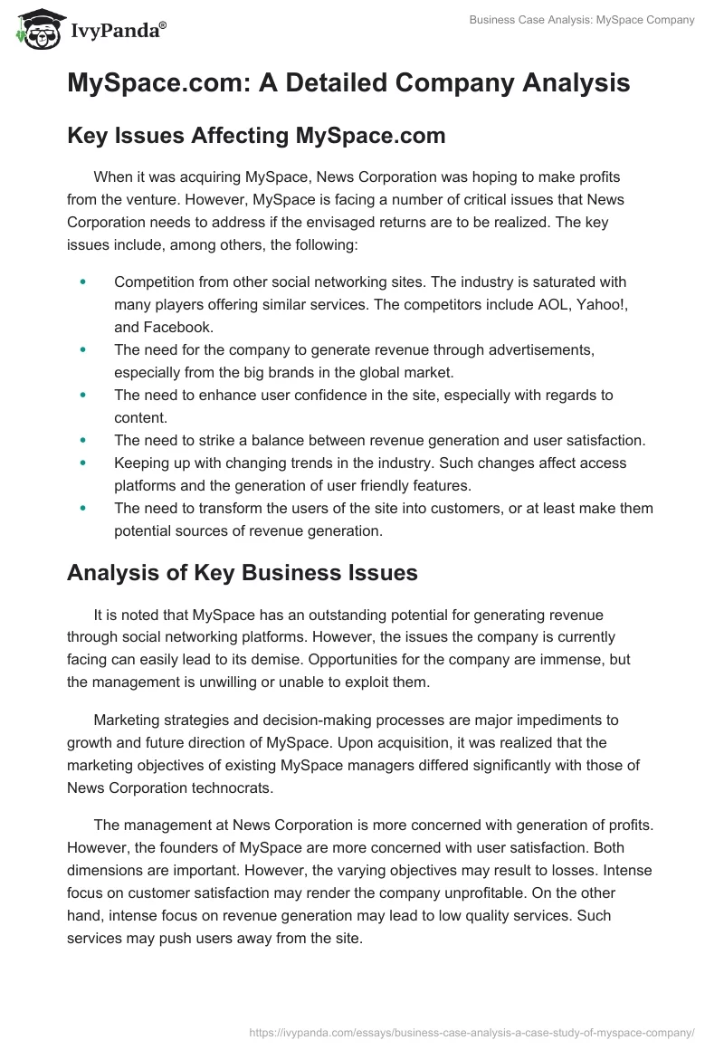 Business Case Analysis: MySpace Company. Page 2