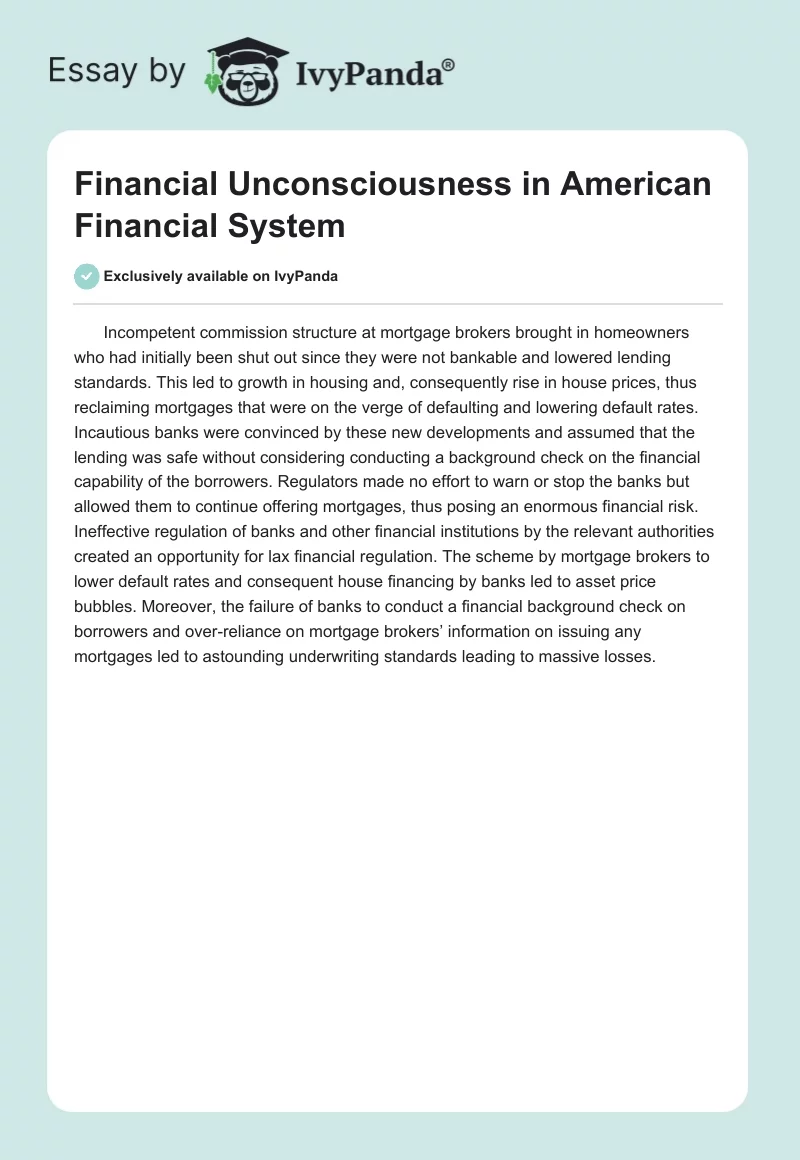 Financial Unconsciousness in American Financial System. Page 1