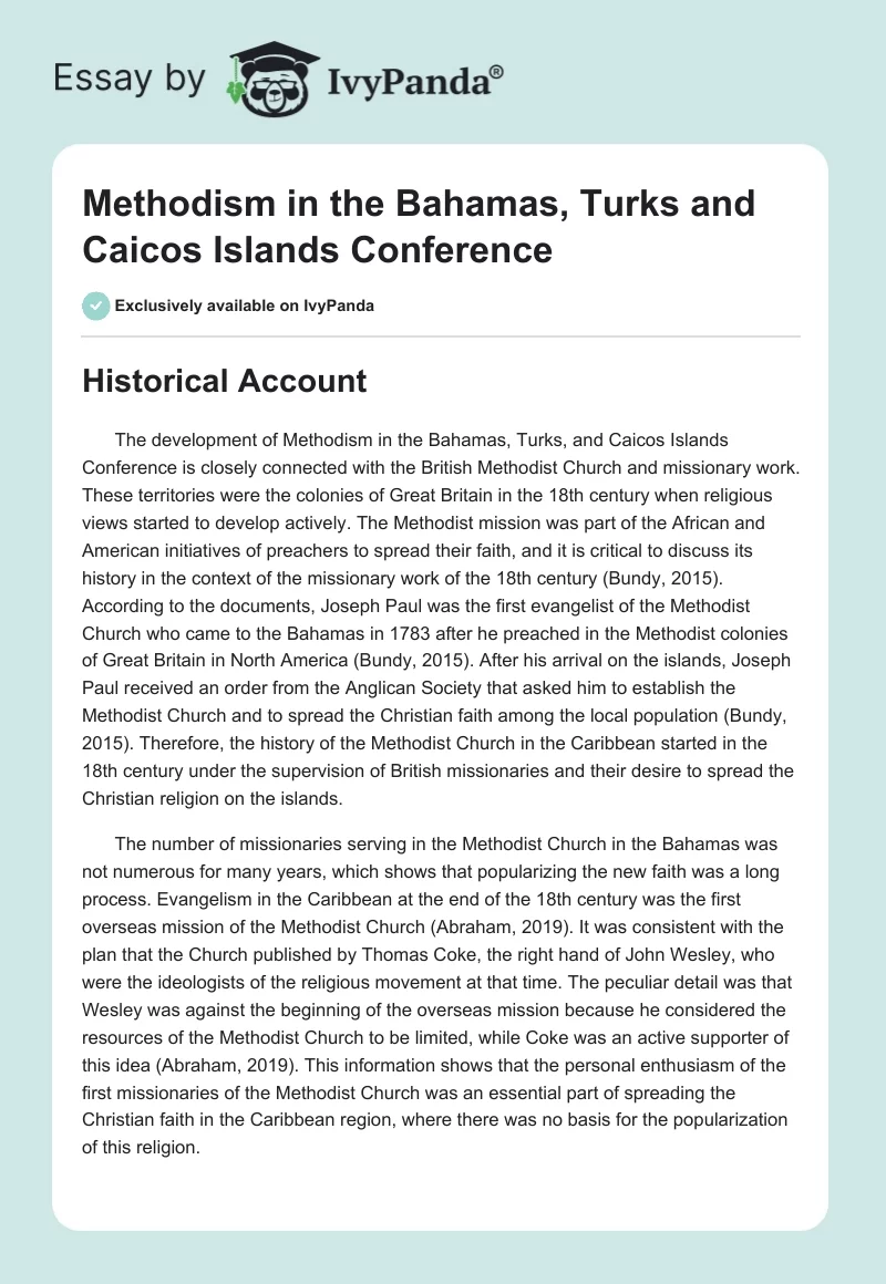 Methodism in the Bahamas, Turks and Caicos Islands Conference. Page 1