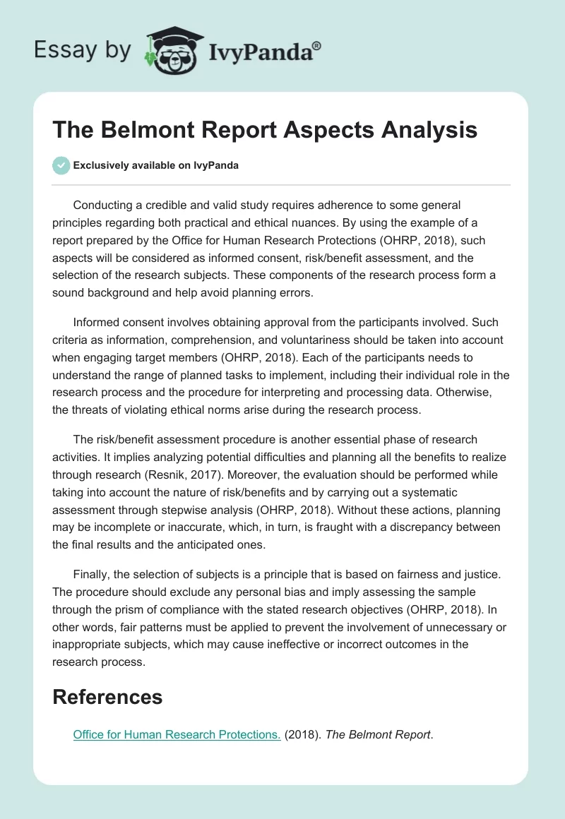 The Belmont Report Aspects Analysis. Page 1
