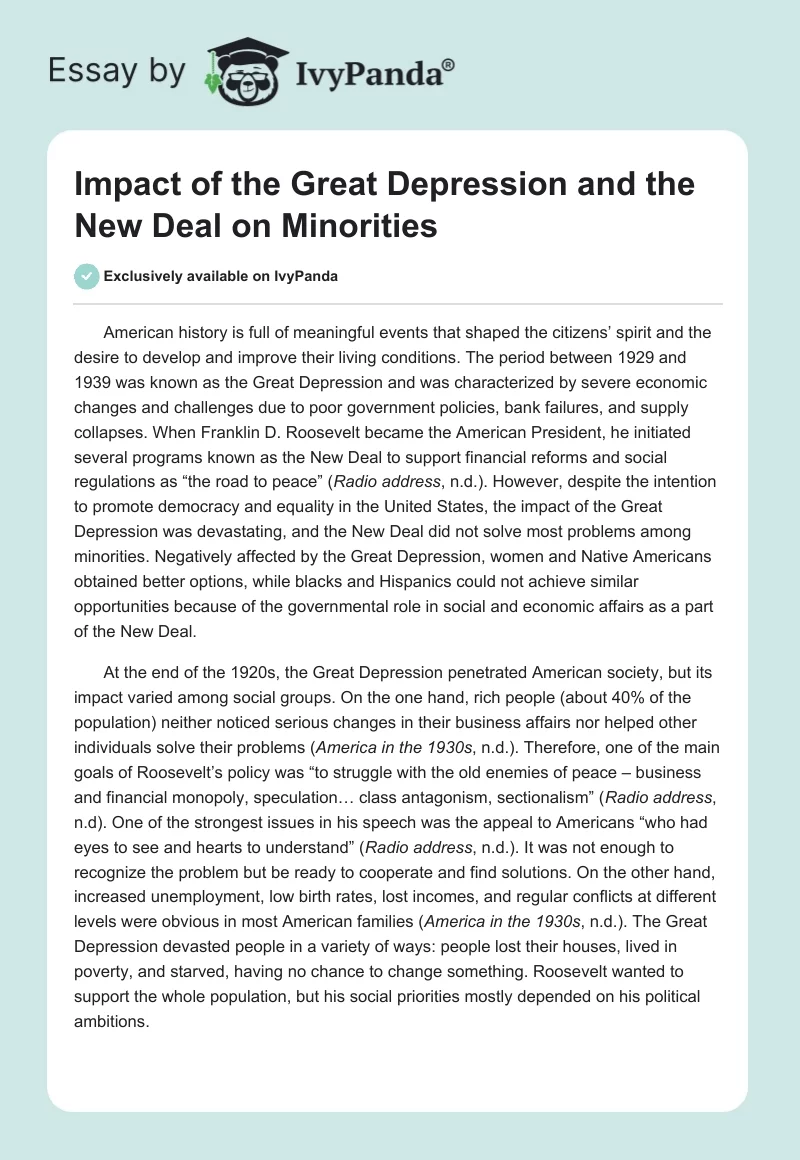 Impact of the Great Depression and the New Deal on Minorities. Page 1