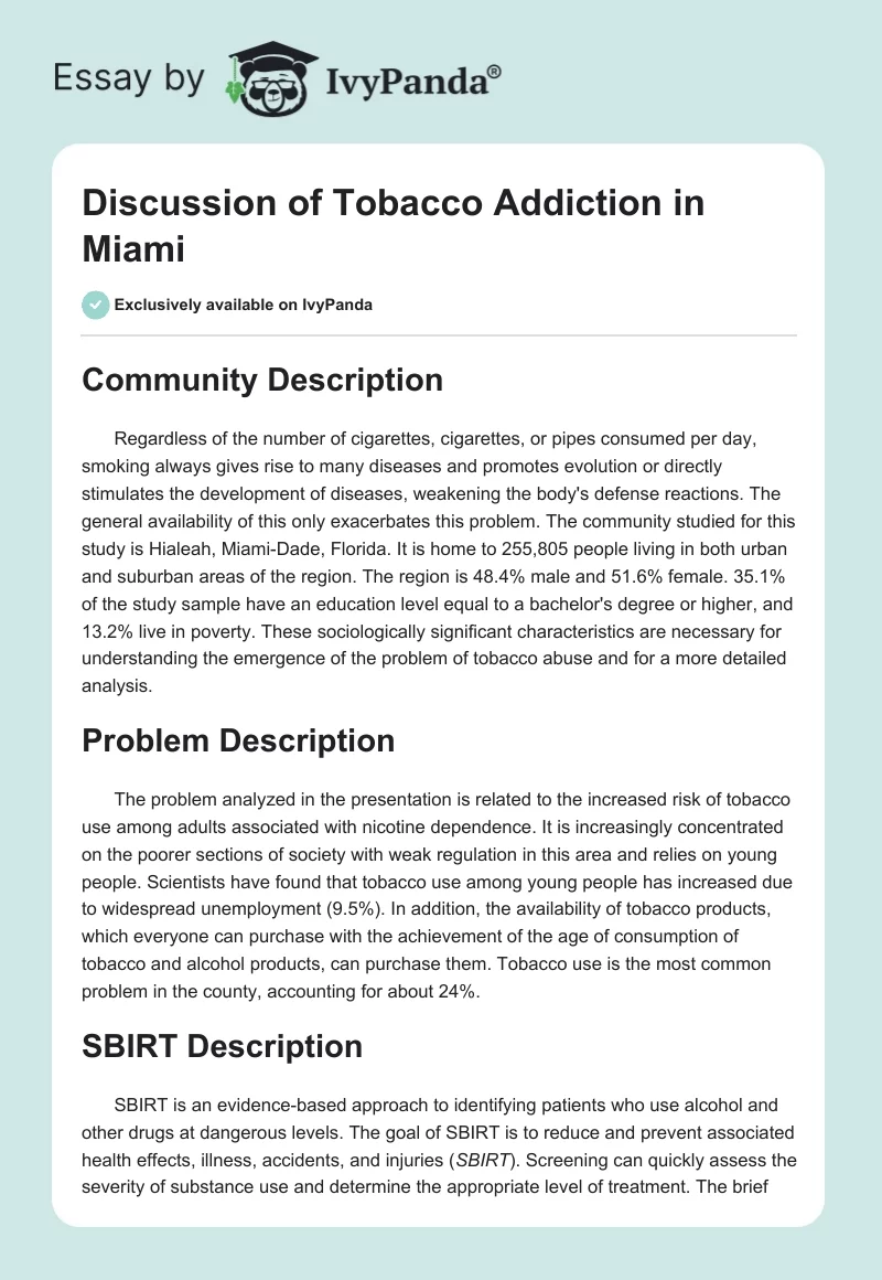 Discussion of Tobacco Addiction in Miami. Page 1