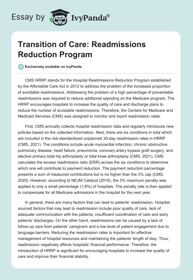 Transition of Care: Readmissions Reduction Program. Page 1