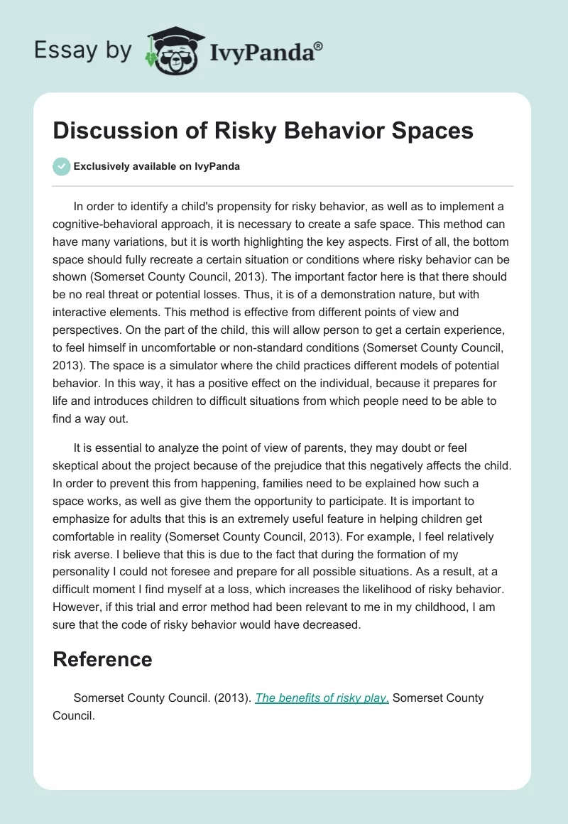 Discussion of Risky Behavior Spaces. Page 1