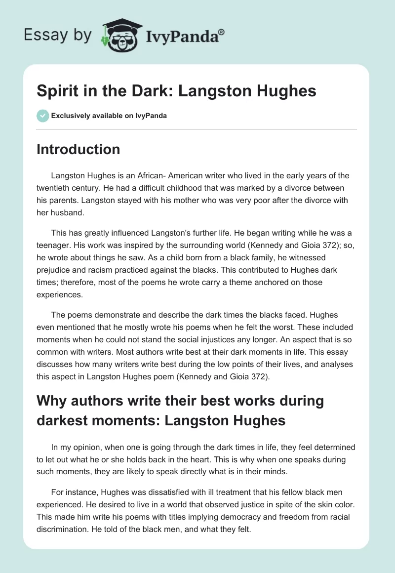 Spirit in the Dark: Langston Hughes. Page 1