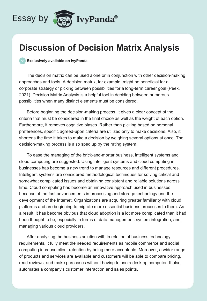 Discussion of Decision Matrix Analysis. Page 1