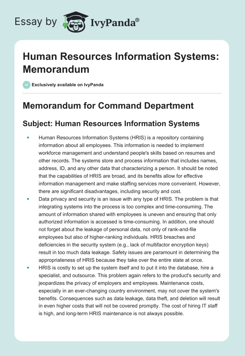 Human Resources Information Systems: Memorandum. Page 1