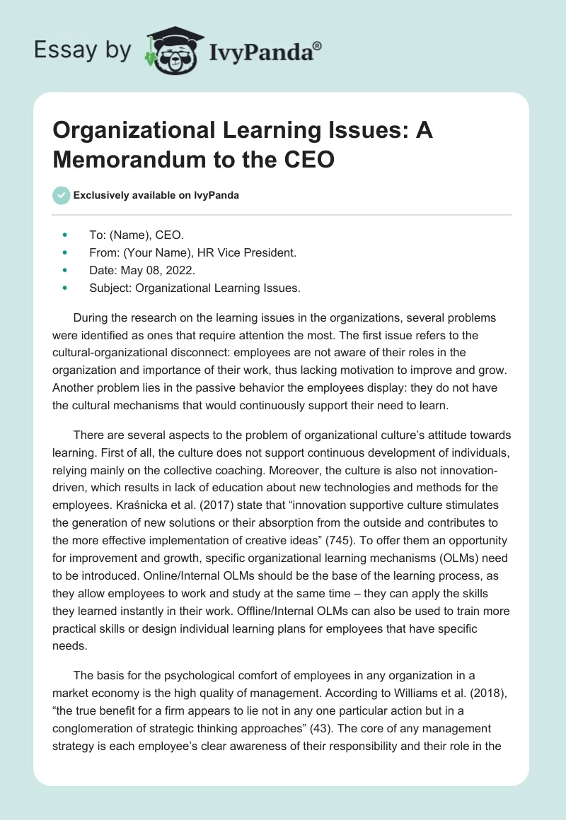 Organizational Learning Issues: A Memorandum to the CEO. Page 1