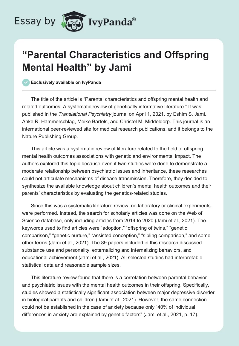 “Parental Characteristics and Offspring Mental Health” by Jami. Page 1