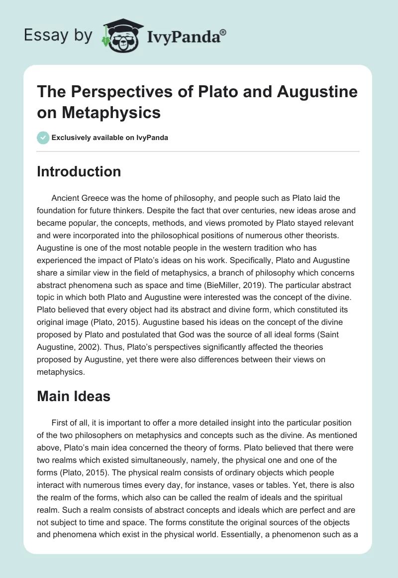 The Perspectives of Plato and Augustine on Metaphysics. Page 1