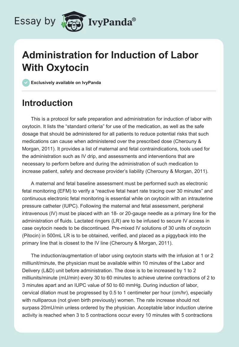 Administration for Induction of Labor With Oxytocin. Page 1