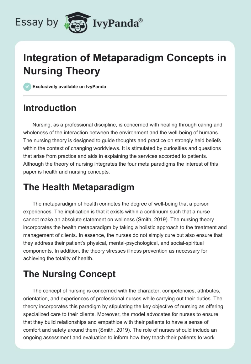 Integration of Metaparadigm Concepts in Nursing Theory. Page 1