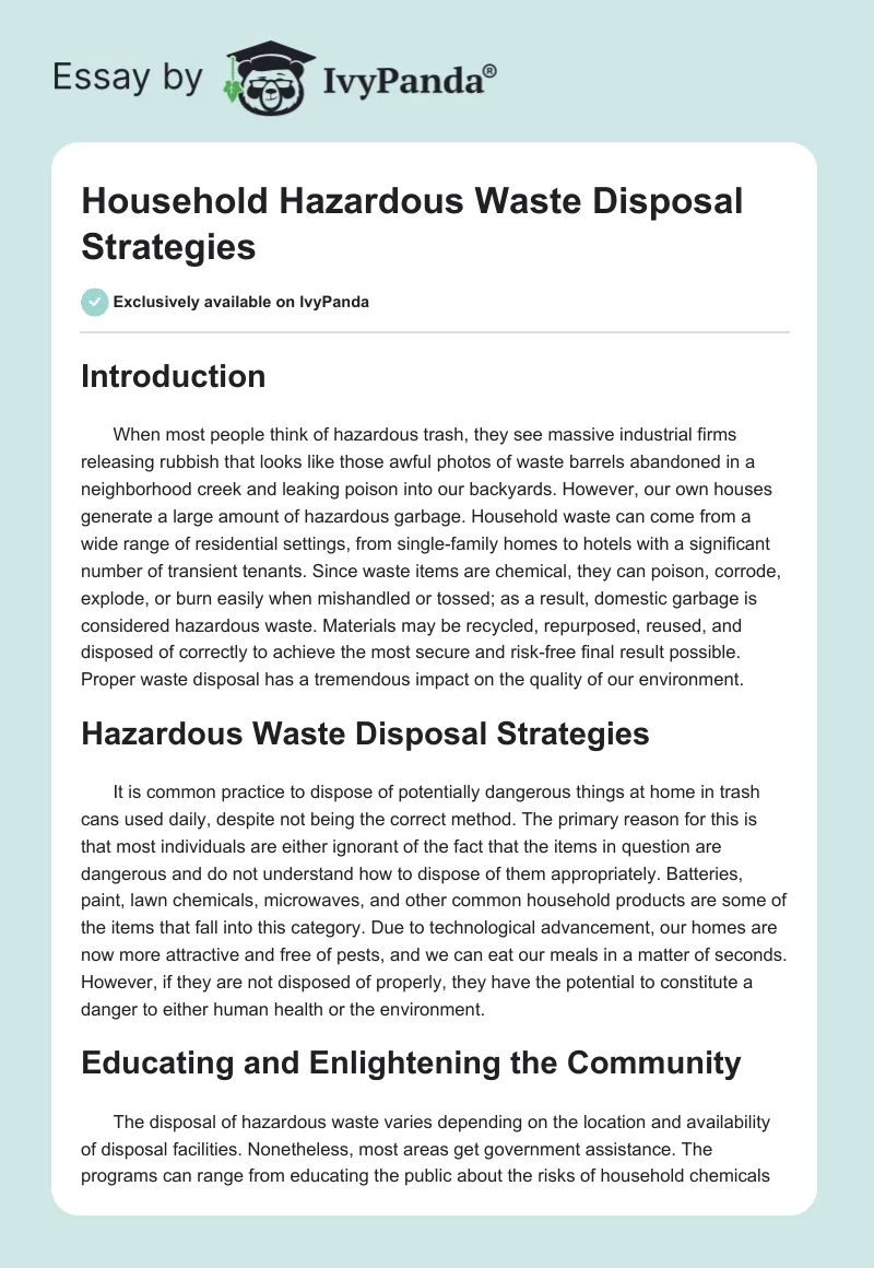 Household Hazardous Waste Disposal Strategies. Page 1