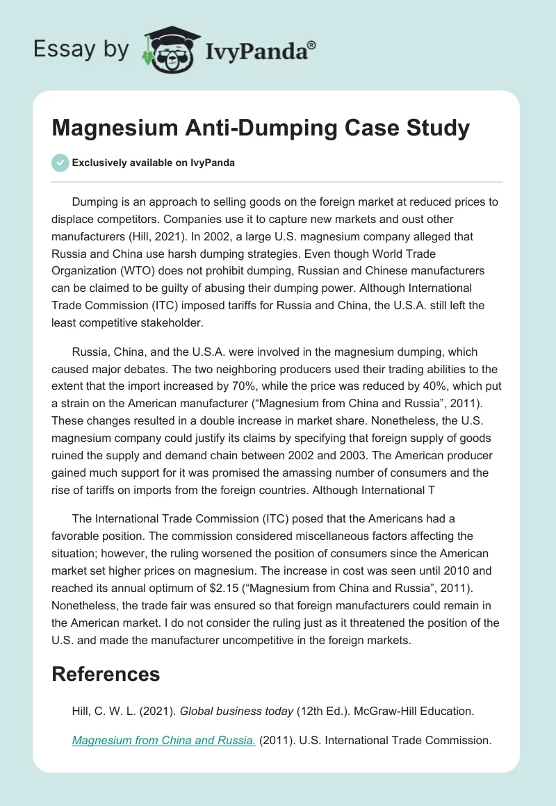 Magnesium Anti-Dumping Case Study. Page 1