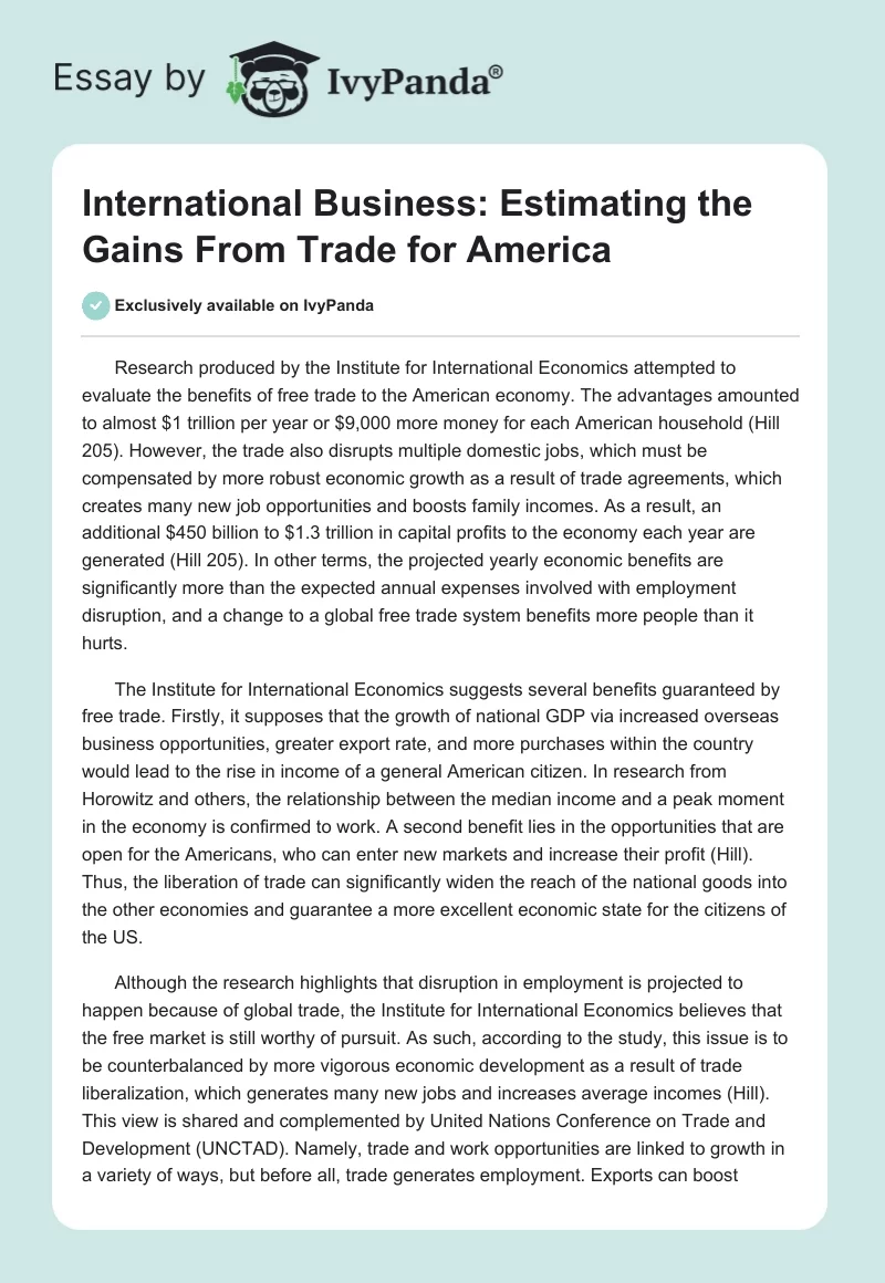 International Business: Estimating the Gains From Trade for America. Page 1