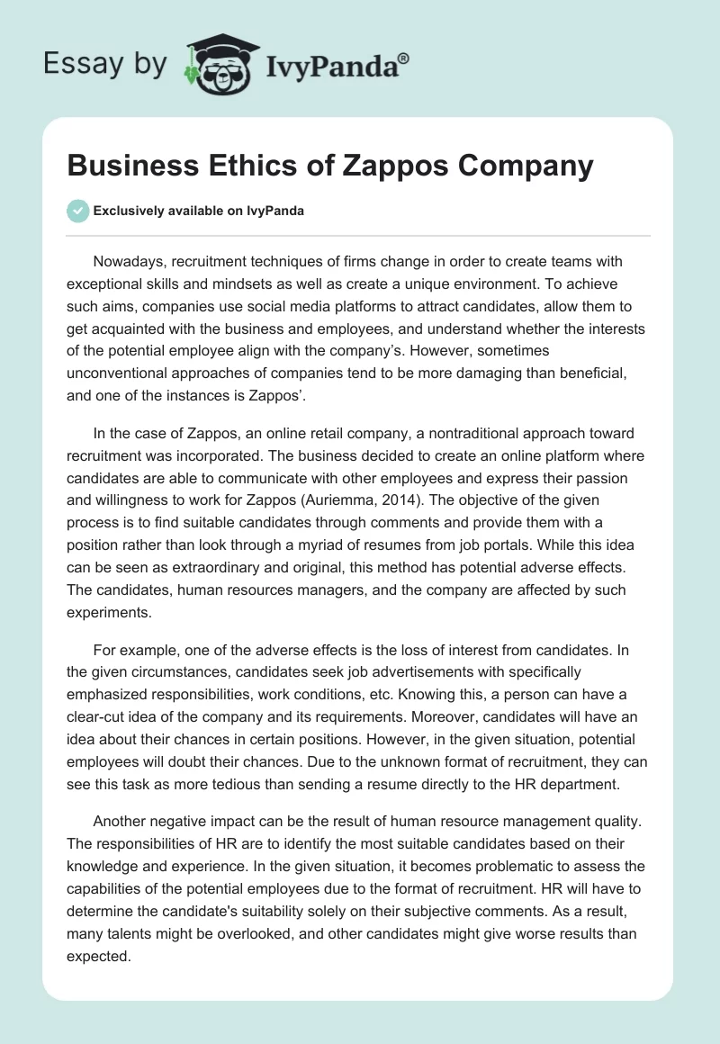 Business Ethics of Zappos Company. Page 1