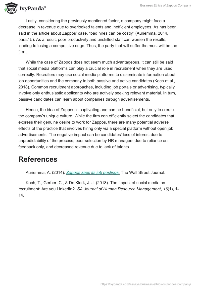 Business Ethics of Zappos Company. Page 2