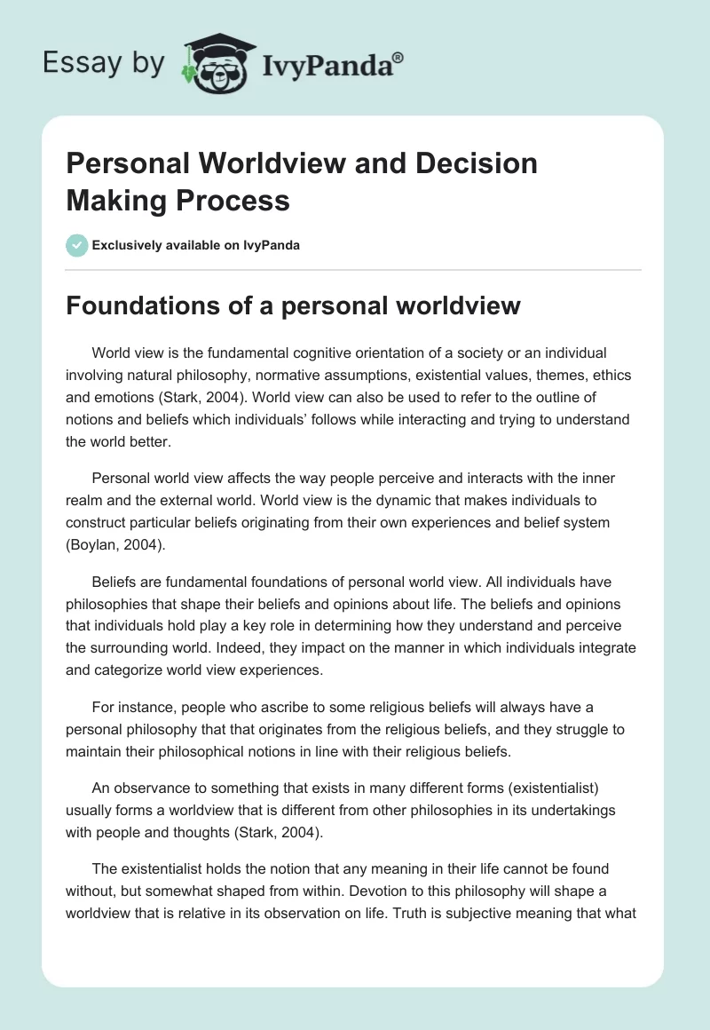 Personal Worldview and Decision Making Process. Page 1