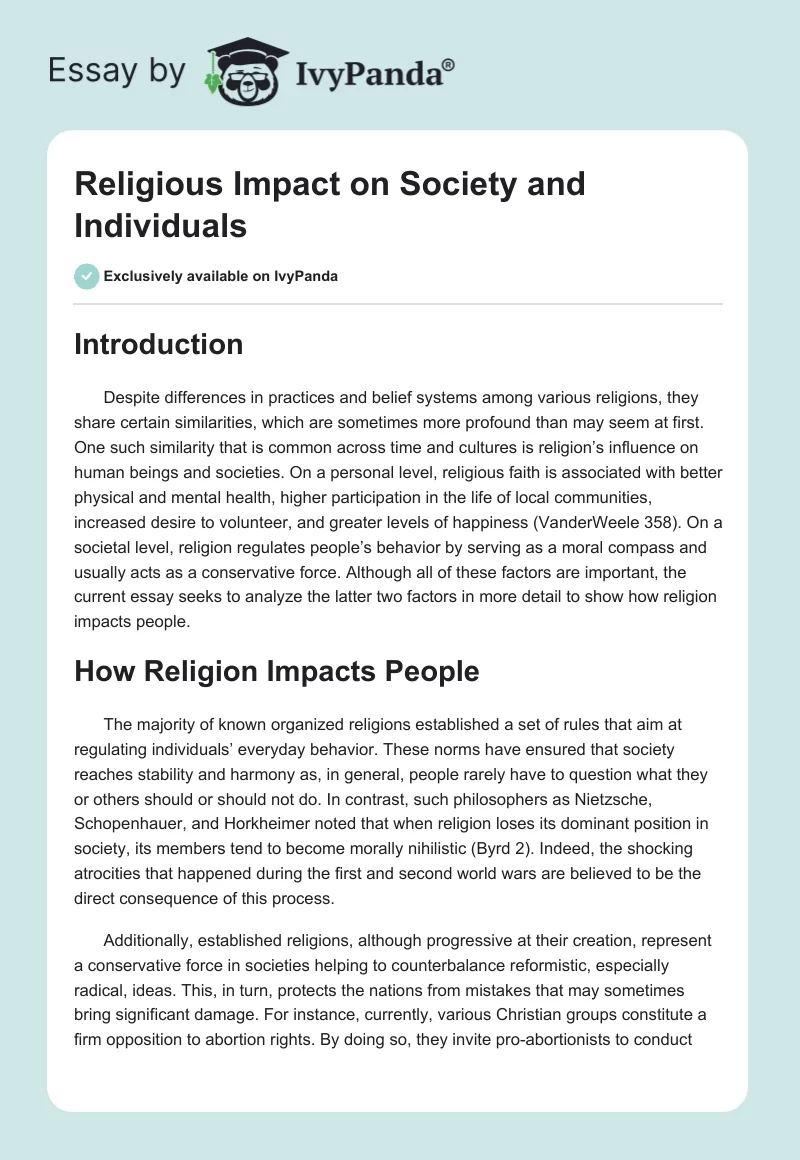 Religious Impact on Society and Individuals. Page 1