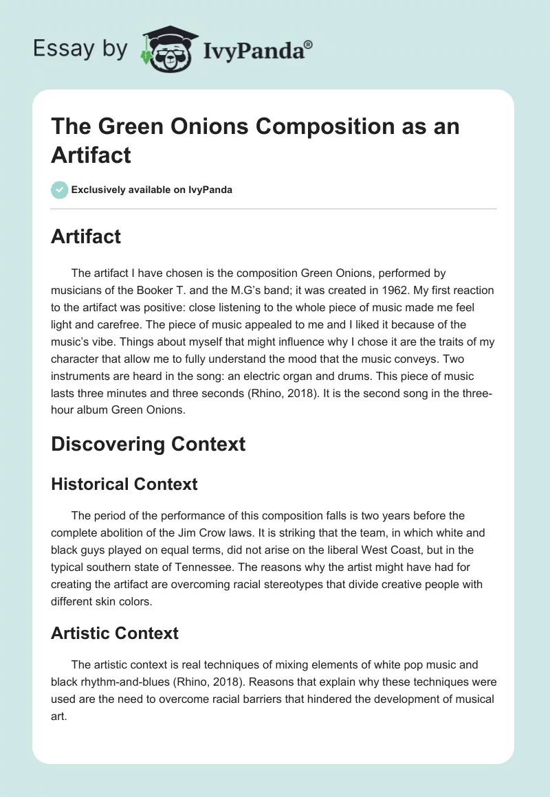 The Green Onions Composition as an Artifact. Page 1