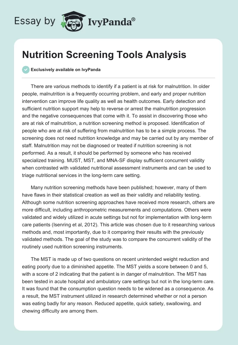 Nutrition Screening Tools Analysis. Page 1