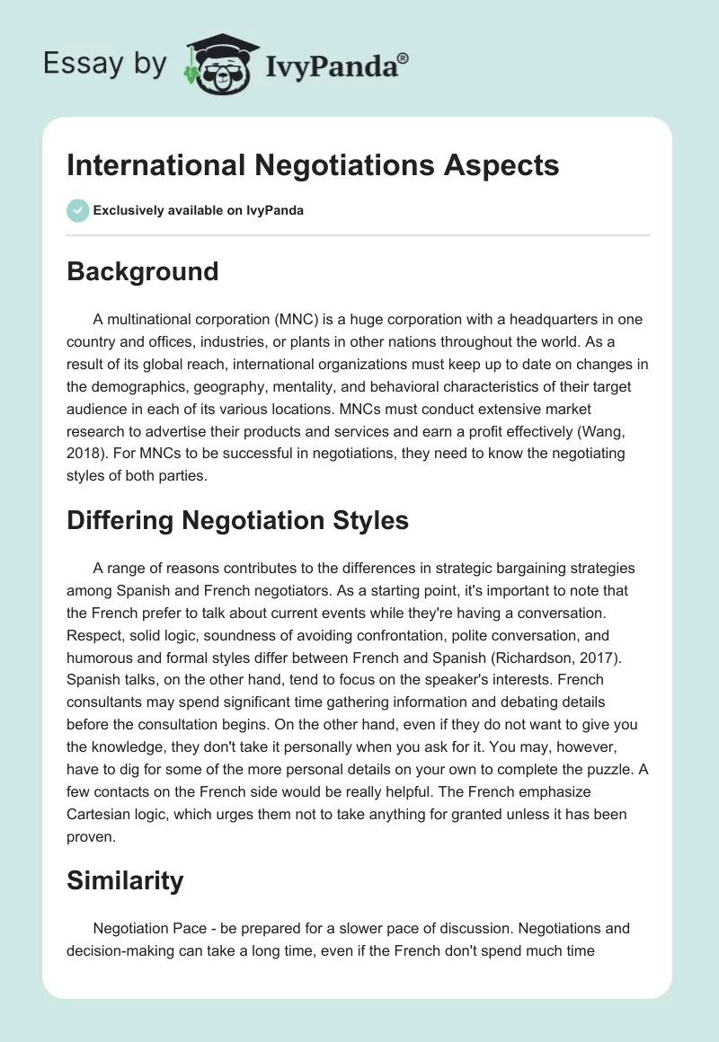 International Negotiations Aspects. Page 1