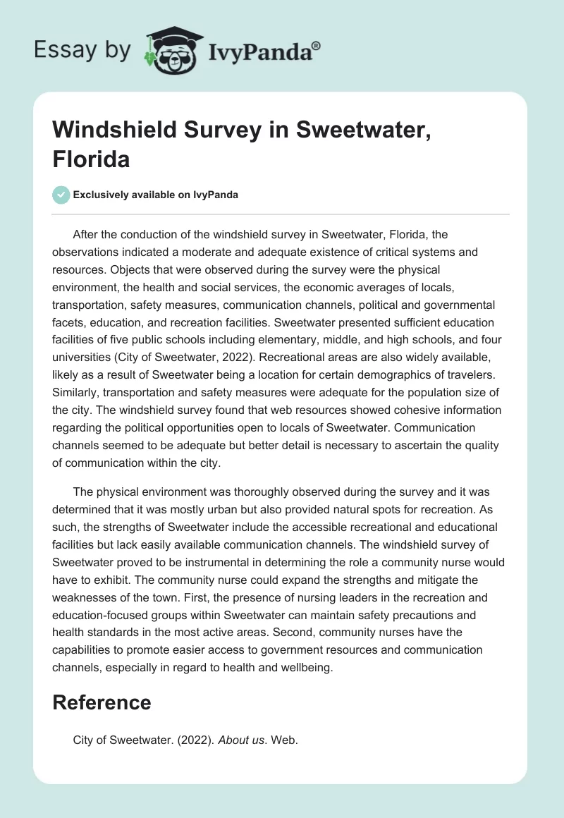 Windshield Survey in Sweetwater, Florida. Page 1