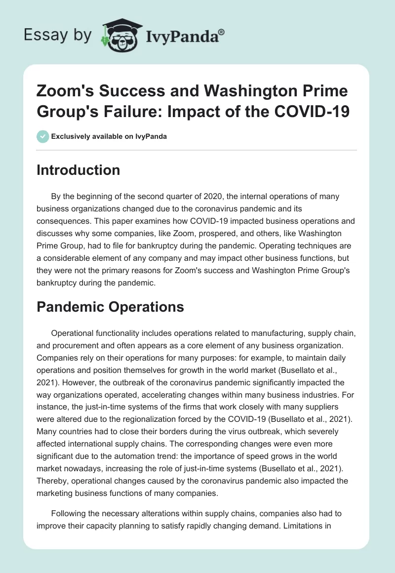 Zoom's Success and Washington Prime Group's Failure: Impact of the COVID-19. Page 1