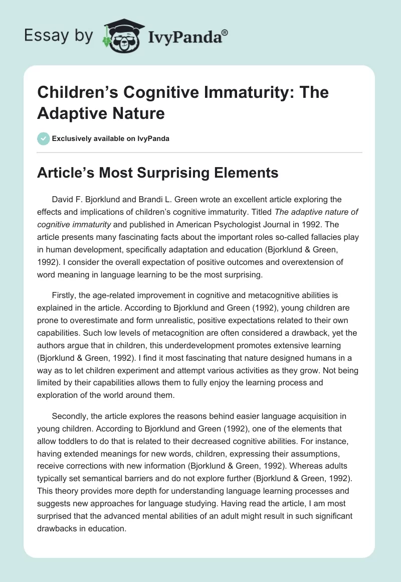 Children’s Cognitive Immaturity: The Adaptive Nature. Page 1