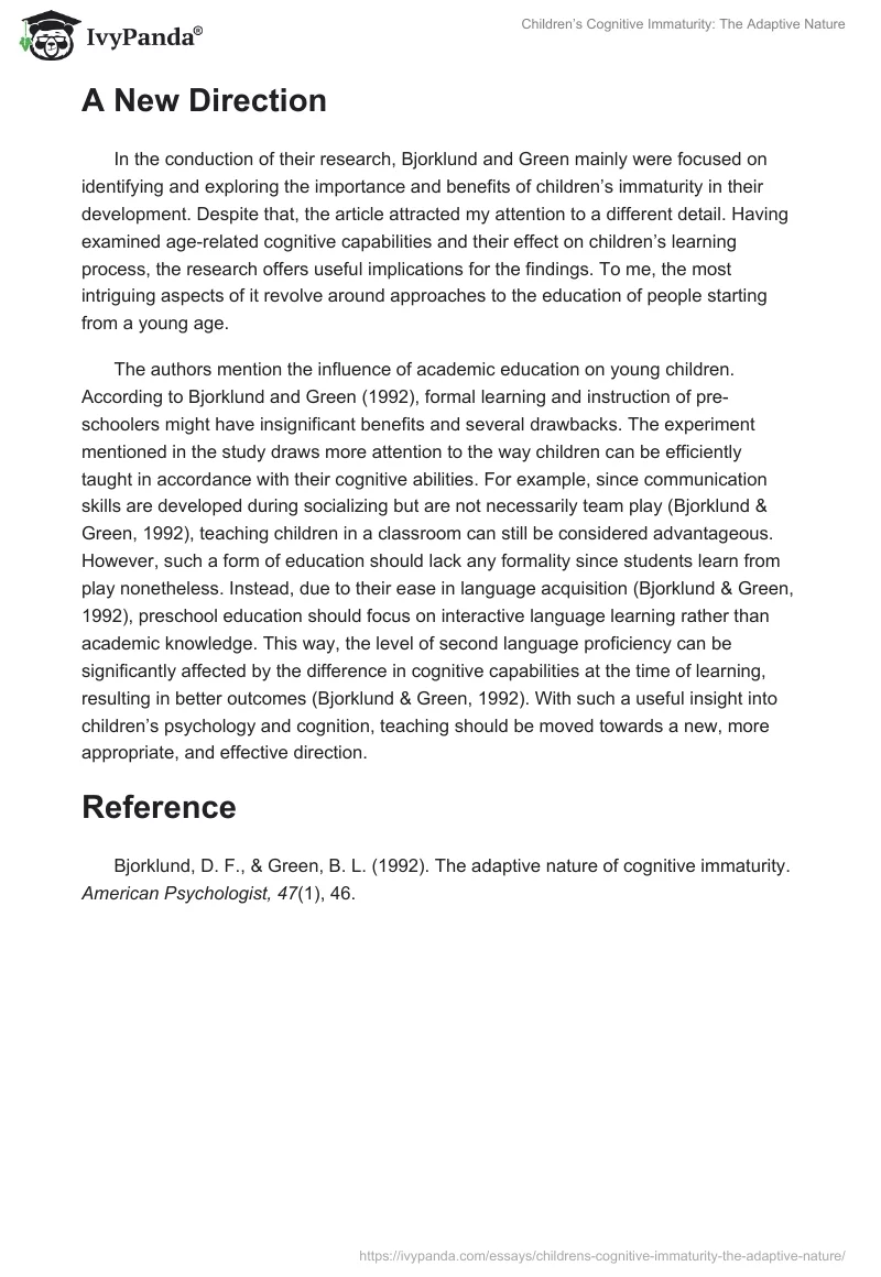 Children’s Cognitive Immaturity: The Adaptive Nature. Page 2